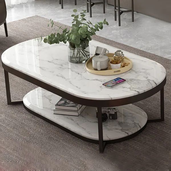 Most Recently Released Modern 2 Tier Coffee Tables Coffee Tables Intended For 2 Tiered Modern Marble Coffee Table Black & White With Shelf Metal  Frame Homary (View 1 of 20)