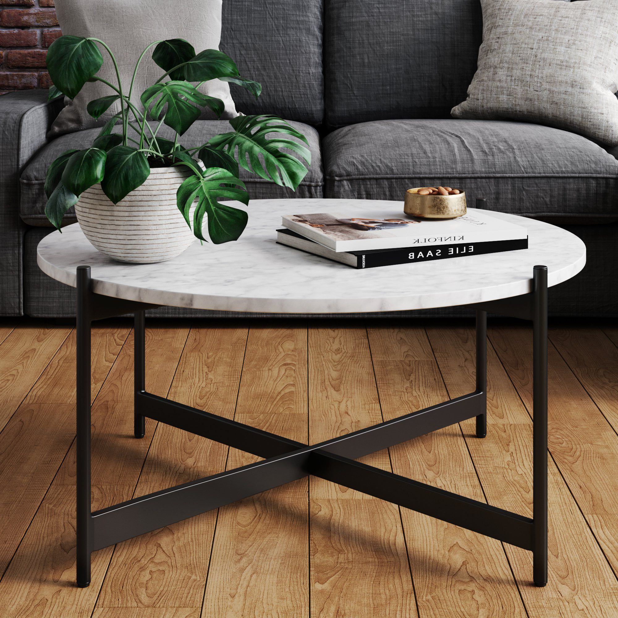 Nathan James Piper White Faux Marble Black Metal Frame Round Modern Living  Room Coffee Table – Walmart Within Well Liked White Faux Marble Coffee Tables (View 5 of 20)