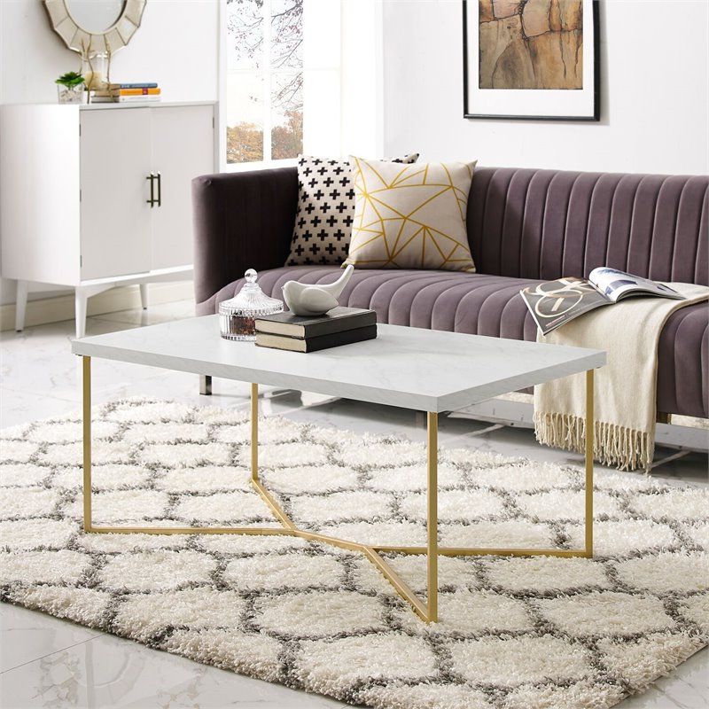 Newest Faux Marble Gold Coffee Tables Regarding Rectangle Coffee Table With White Faux Marble Top And Gold Base (View 9 of 20)