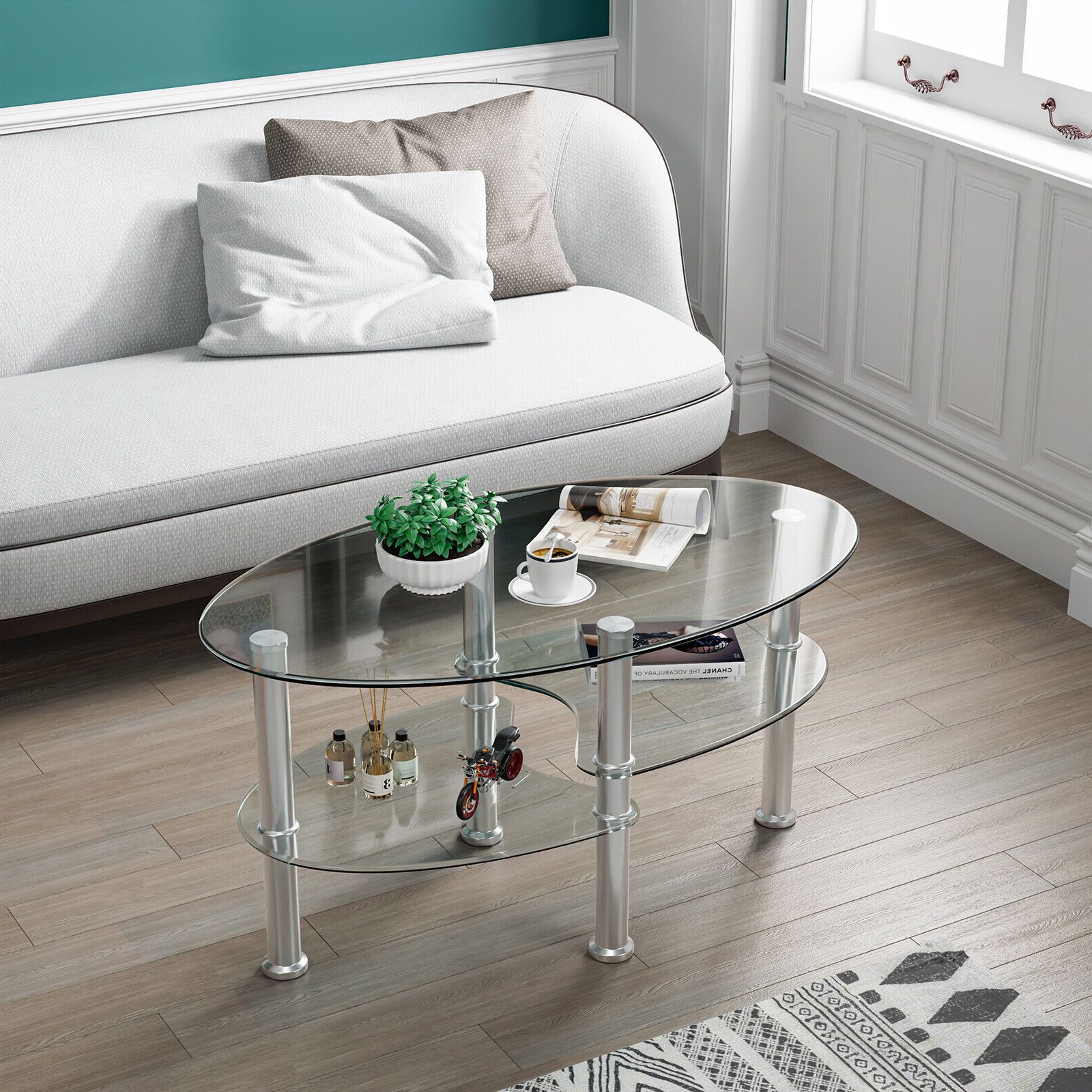 Newest Glass Open Shelf Coffee Tables With Tempered Glass Coffee Table 3 Tier Oval Modern Center Table W/ Open Shelf  Clear (View 4 of 20)