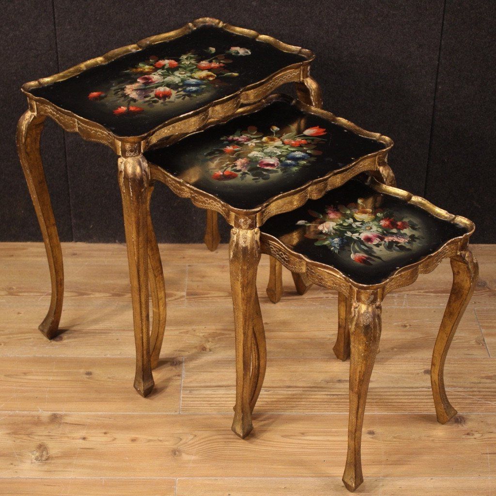 Newest Wooden Hand Carved Coffee Tables With Triptych Of Italian Coffee Tables In Gilded And Painted Wood – Low Table (View 9 of 20)