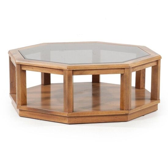Octagonal Oak Coffee Table With Smoked Glass Top, Late 20th  Century Inside Most Popular Octagon Glass Top Coffee Tables (View 11 of 20)