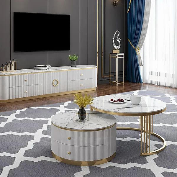 Plalue Modern 2 Pieces White Round Nesting Wooden Coffee Table With Drawers  Marble Top Homary For Well Liked 2 Piece Coffee Tables (View 18 of 20)