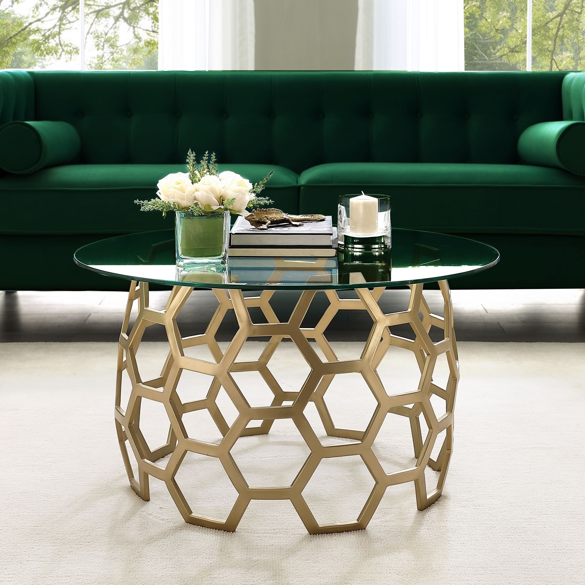 Popular Modern Geometric Coffee Tables Inside Minae Round Geometric Coffee Table Durable Clear Glass Top Hexagon Metal  Frame By Inspired Home – Walmart (View 16 of 20)