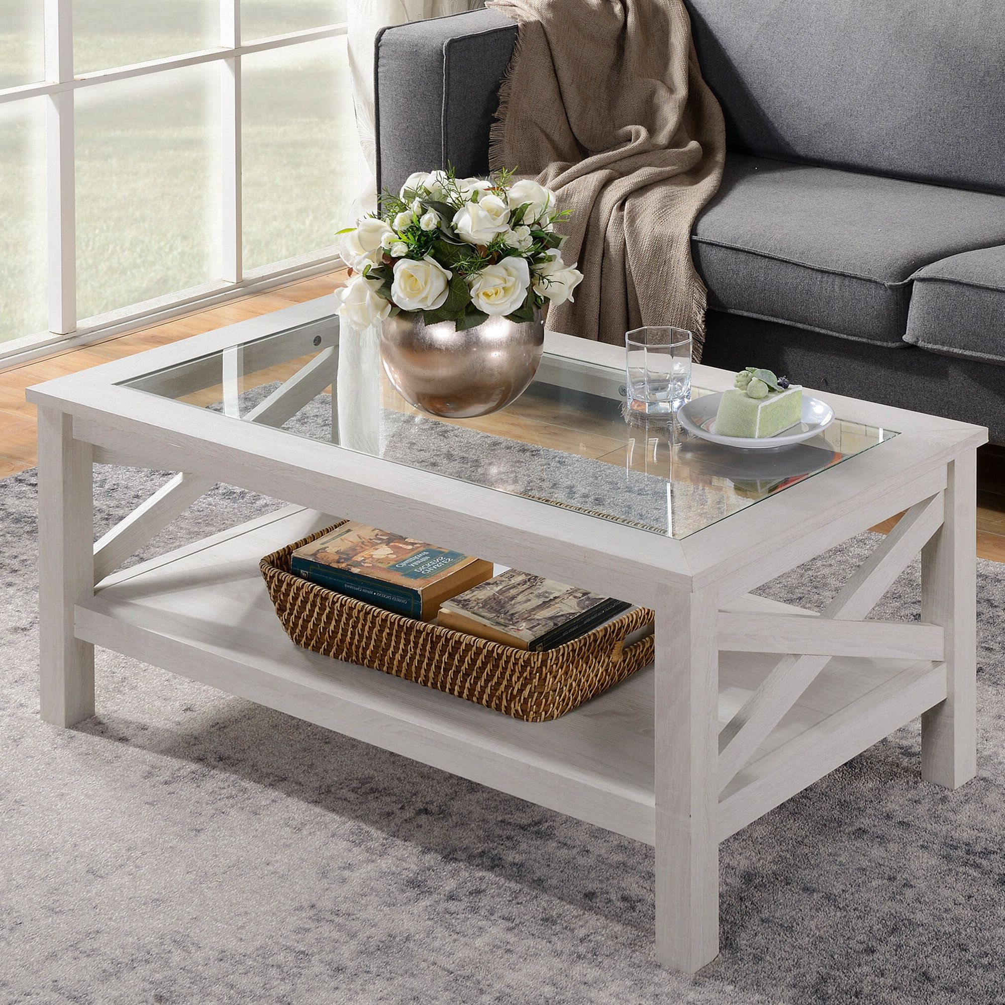 Popular Smooth Top Coffee Tables Intended For Gracie Oaks Espinet Traditional Coffee Table With Wood Frame, Tempered Glass  Tabletop And Underneath Storage Shelf, White Oak & Reviews (View 12 of 20)