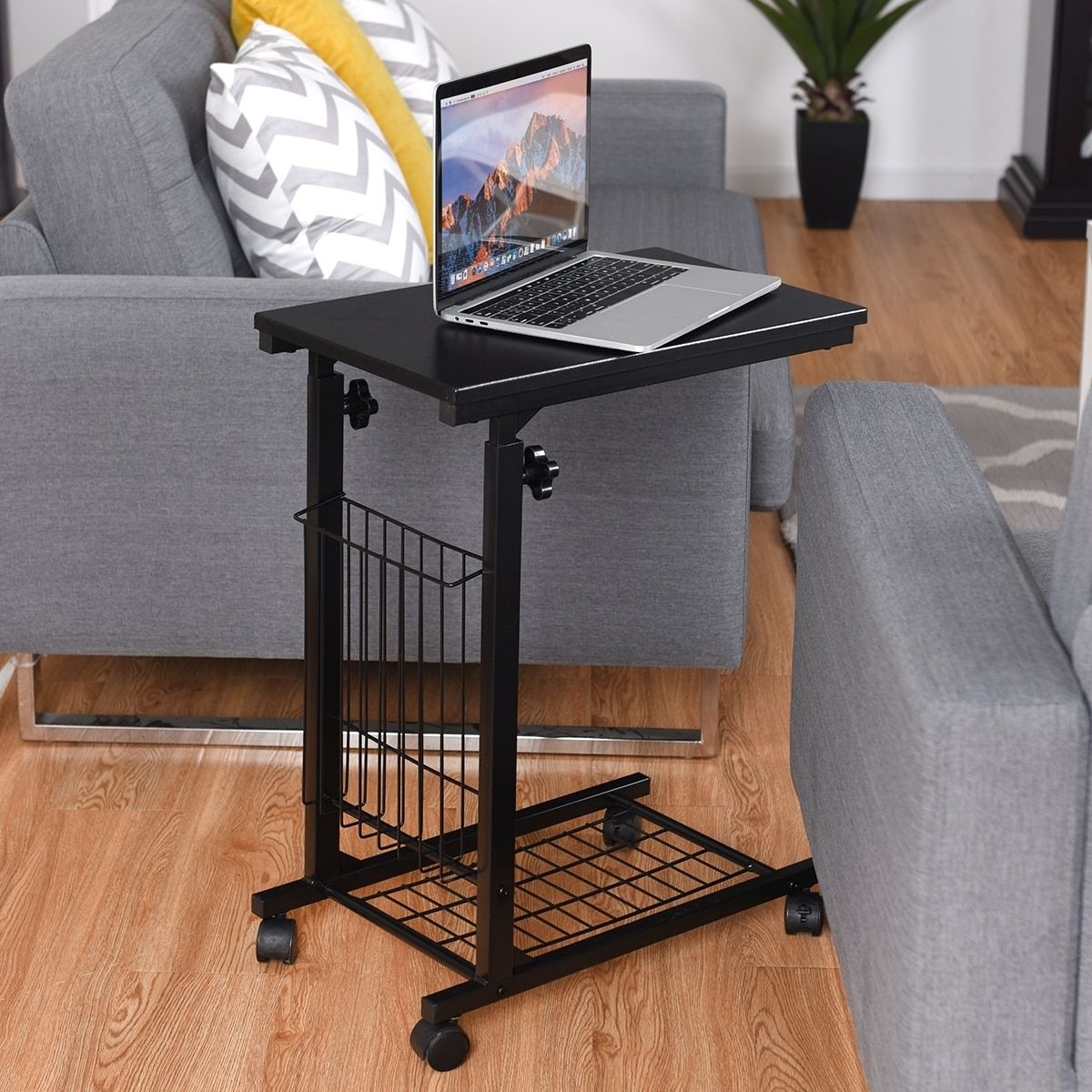 Porch & Den Mitchum Black Steel Rolling Adjustable C Shaped End Table –  Overstock – 30551746 Pertaining To Most Current Shape Adjustable Coffee Tables (View 6 of 20)