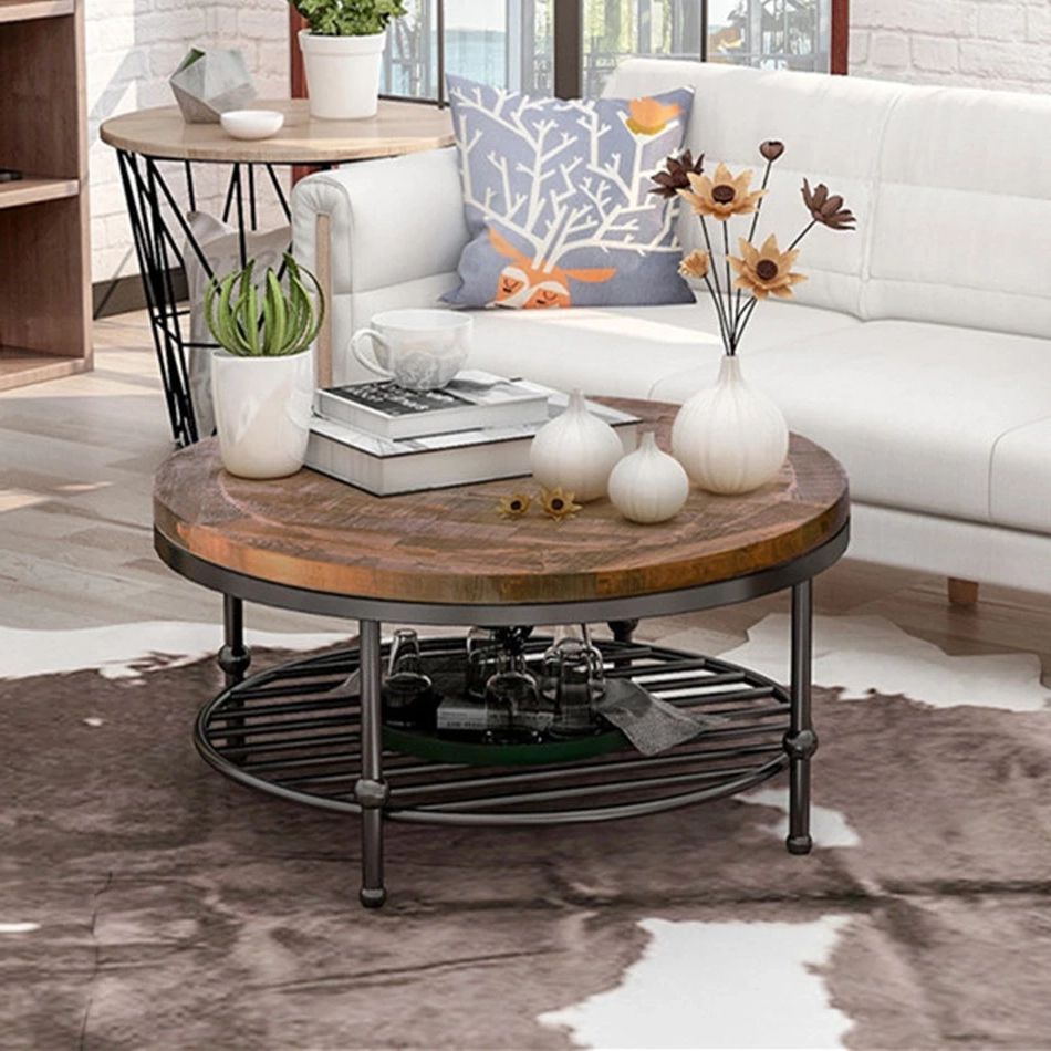 Preferred Rustic Natural Coffee Tables Regarding Living Room Pine Wood Table Face Iron Legs Round Rustic Natural Coffee Table  With Storage Shelf For Furniture Easy Assembly (View 14 of 20)