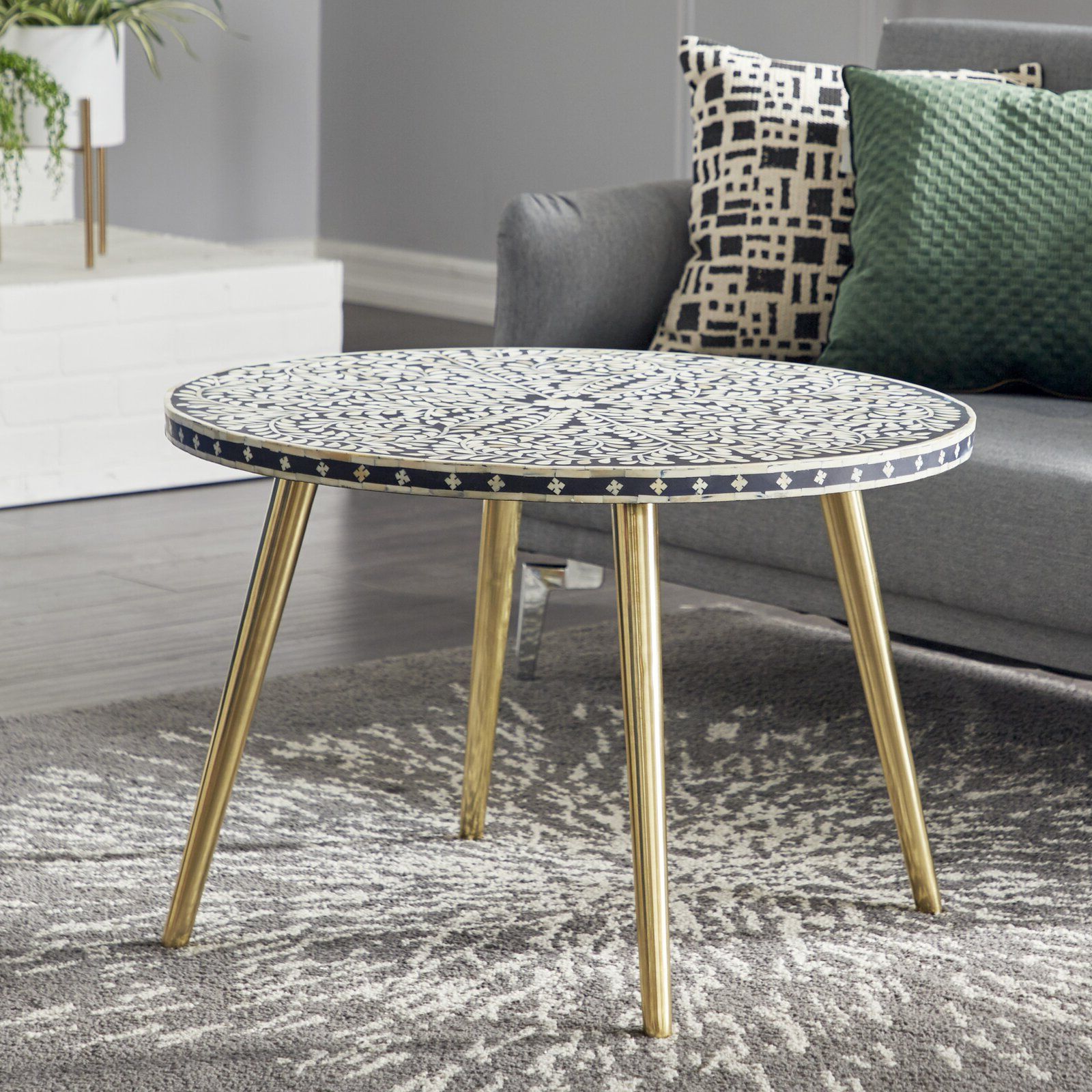 Preferred Splayed Metal Legs Coffee Tables With Estey Coffee Table, Top Material: Manufactured Wood, Features Shell Inlays  In Swirling Leaves Flourish On The Smooth Black Wooden Tabletop, And  Supported4 Splayed Tapered Legs In A Metal – Walmart (View 9 of 20)