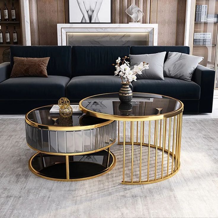 Preferred Tempered Glass Coffee Tables In Modern Round Gold & Black Nesting Coffee Table With Shelf Tempered Glass  Top 2 Piece Set (View 3 of 20)