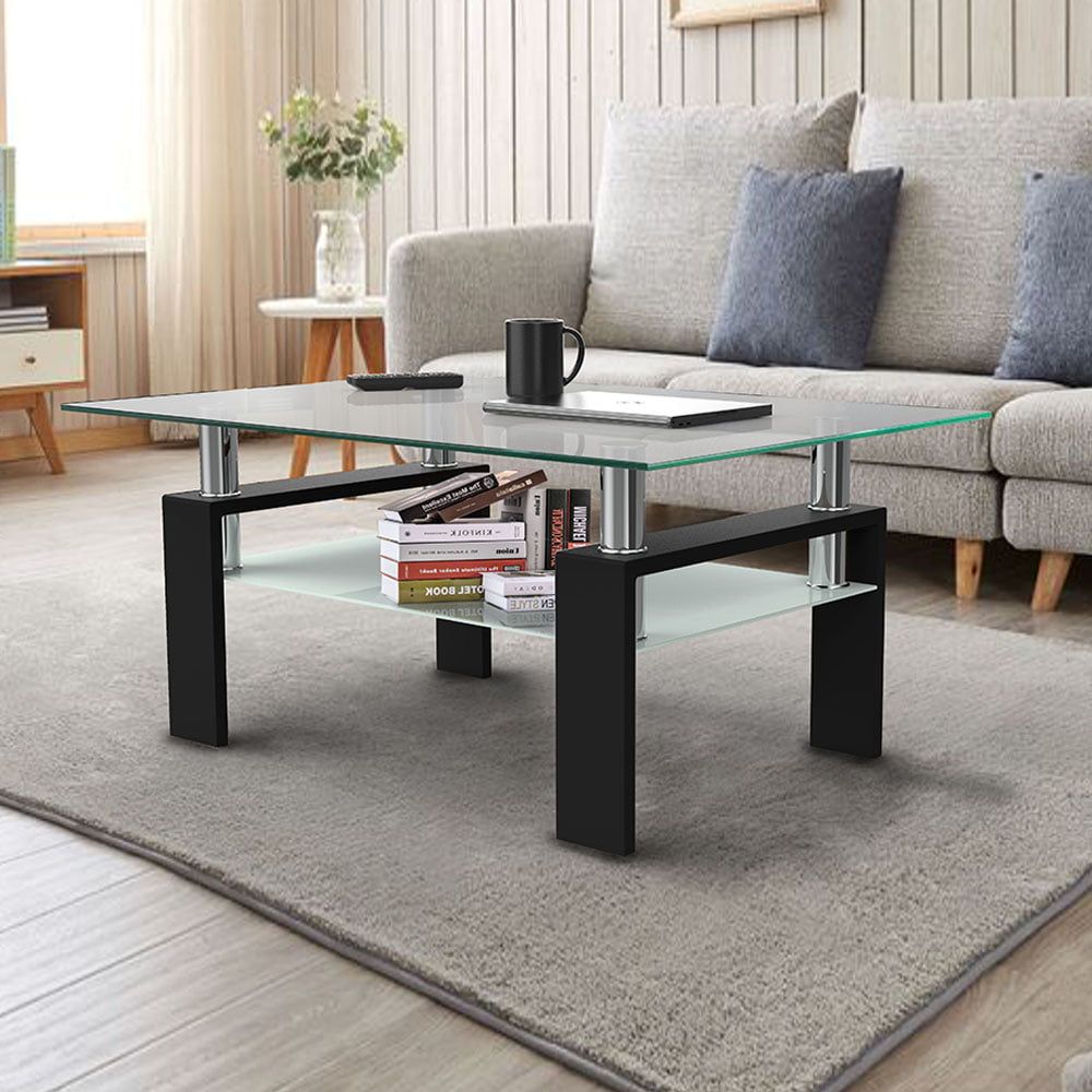 Recent Glass Tabletop Coffee Tables Within Rectangle Glass Coffee Table For Home, Modern Side Coffee Table With Lower  Shelf, Metal Legs, Durable Sofa Side Tables Cocktail Living Room Furniture  With Clear Glass Tabletop And Shelf, Q14321 – Walmart (View 5 of 20)