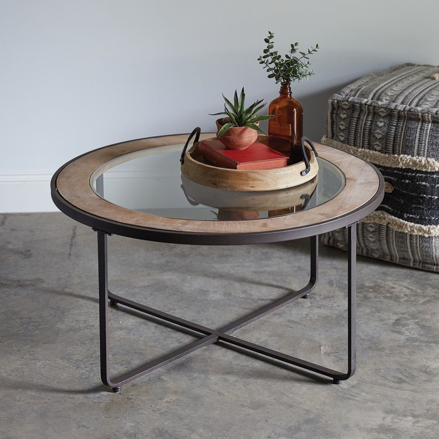 Small Industrial Round Coffee Table With Wood & Glass Top Throughout Current Round Industrial Coffee Tables (View 18 of 20)