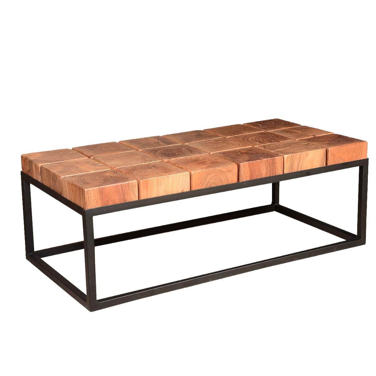 Solid Acacia Wood Block Contemporary Iron Base Rustic Coffee Table In Latest Solid Acacia Wood Coffee Tables (View 6 of 20)