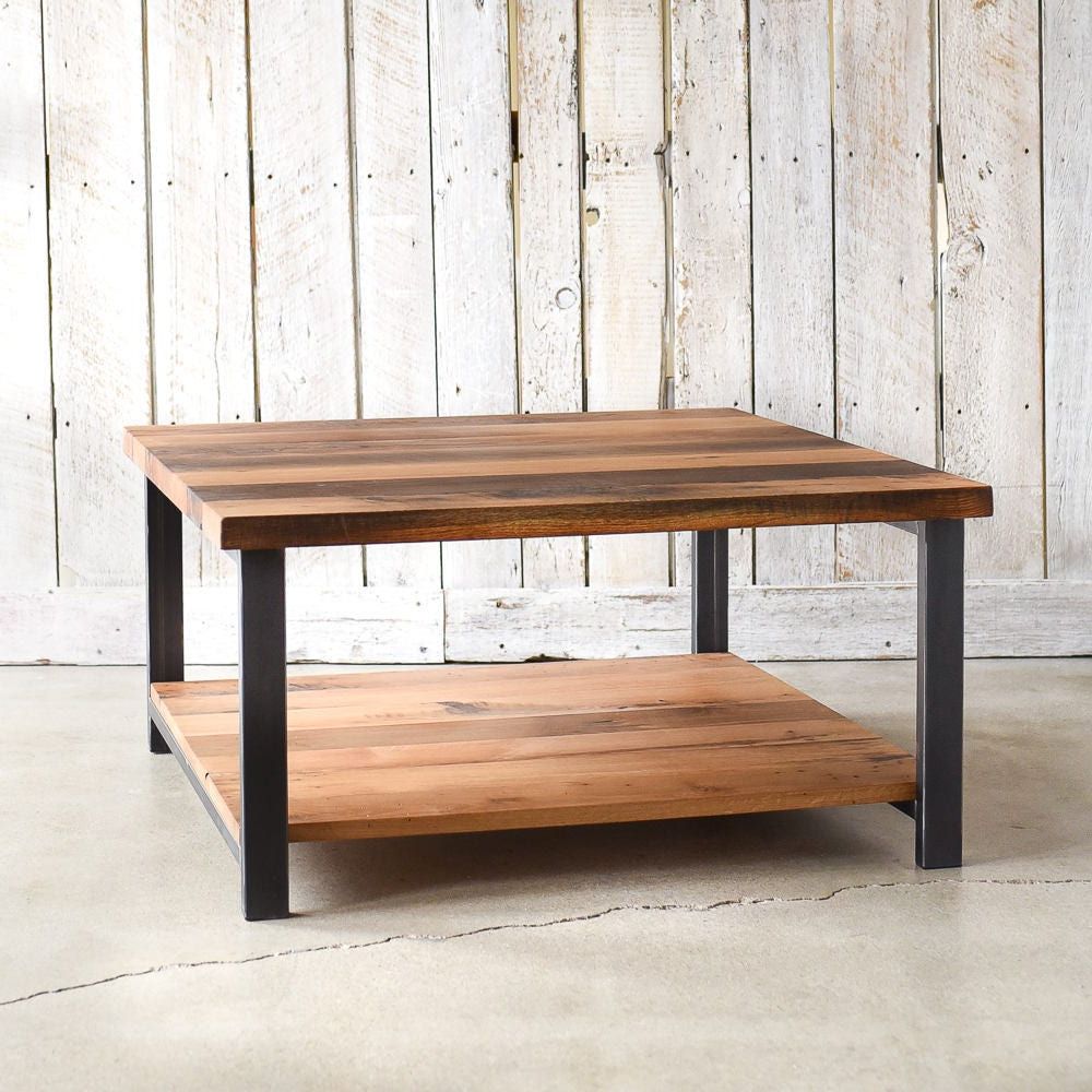 Square Coffee Table With Lower Shelf / Industrial Reclaimed – Etsy In Most Current Coffee Tables With Shelf (View 16 of 20)