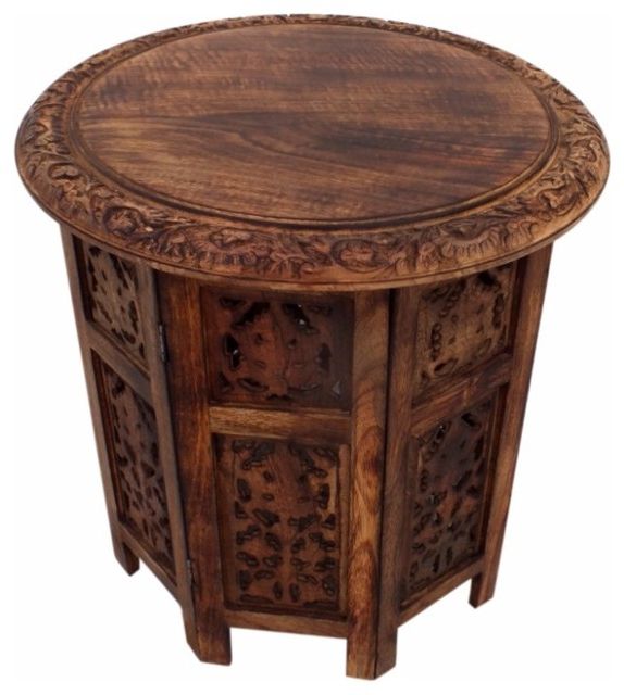 The Urban Port Wooden Hand Carved Folding Accent Coffee Table, Brown –  Mediterranean – Coffee Tables  Benzara, Woodland Imprts, The Urban Port (Gallery 20 of 20)