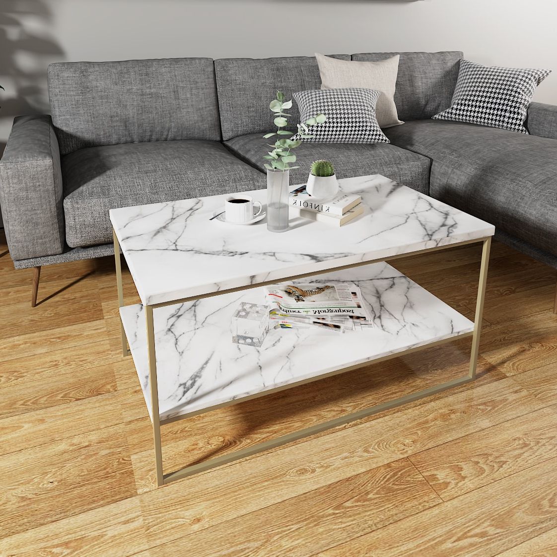 Trendy Faux Marble Gold Coffee Tables For Roomfitters Irenic Faux White Marble Print Finishing Mdf Industrial Coffee  Table With Storage In The Coffee Tables Department At Lowes (View 18 of 20)