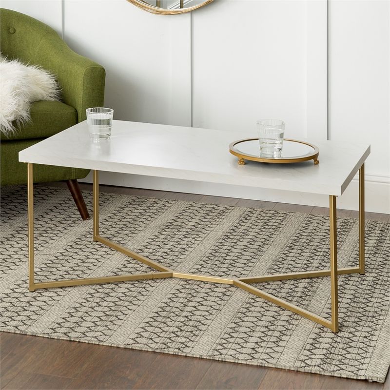 Trendy Faux Marble Gold Coffee Tables Pertaining To Rectangle Coffee Table With White Faux Marble Top And Gold Base (View 10 of 20)