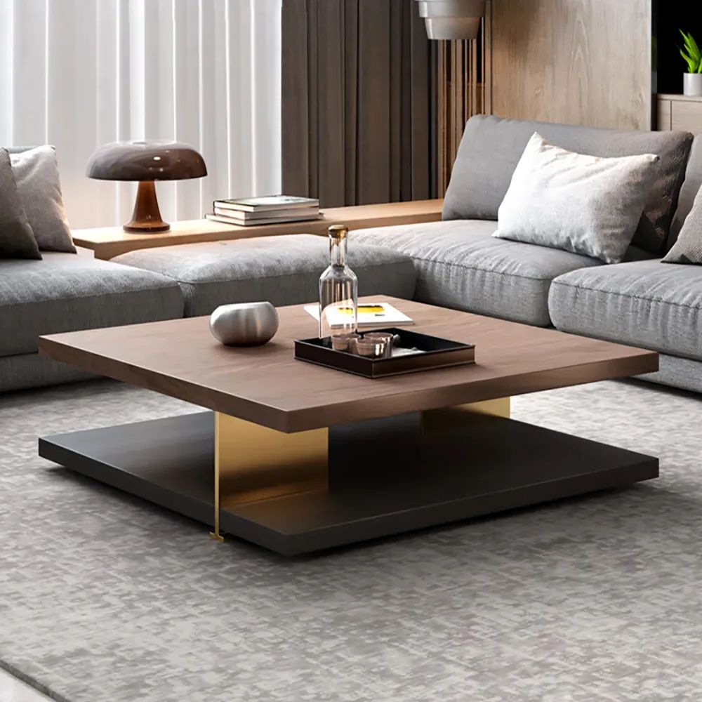 Trendy Industrial Faux Wood Coffee Tables Inside Industrial Black & Walnut Square Pedestal Coffee Table Solid Wood Accent  Table Homary (View 15 of 20)