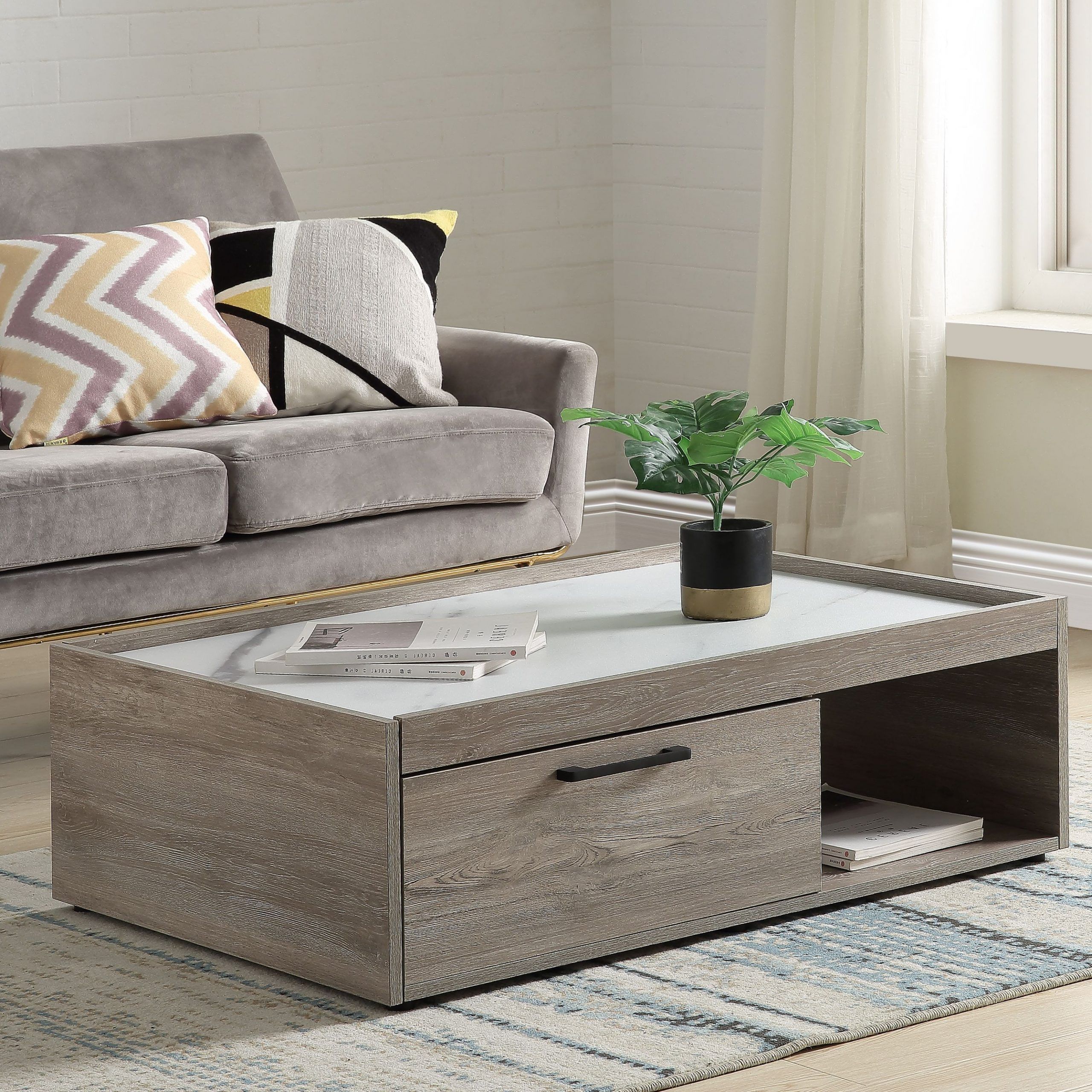 Walden Coffee Table In Faux Marble Top & Gray Oak Finish – Walmart With Popular Marble Melamine Coffee Tables (View 11 of 20)