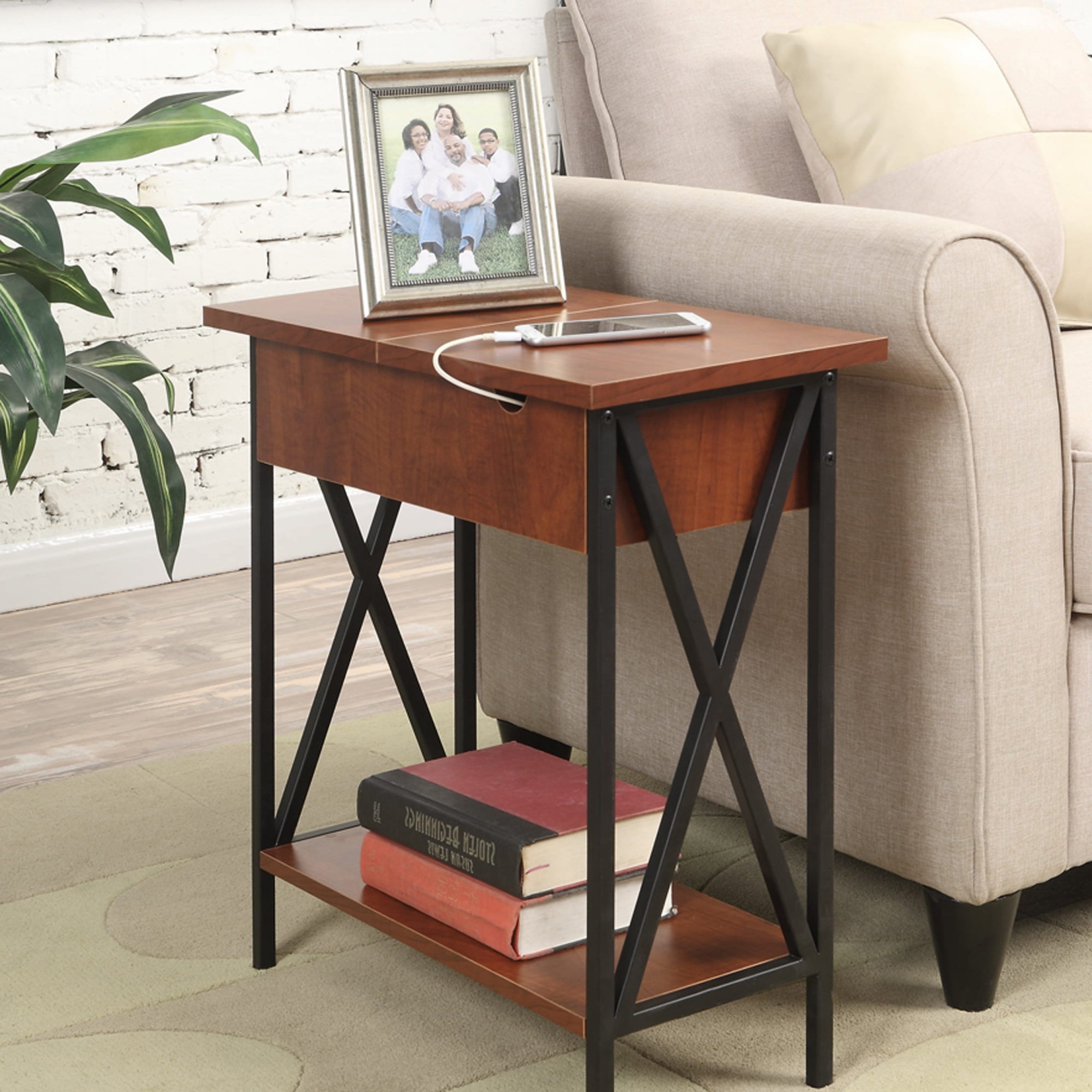 Well Known Coffee Tables With Charging Station Regarding Convenience Concepts Tucson Flip Top End Table With Charging Station And  Shelf, Cherry/black – Walmart (View 12 of 20)
