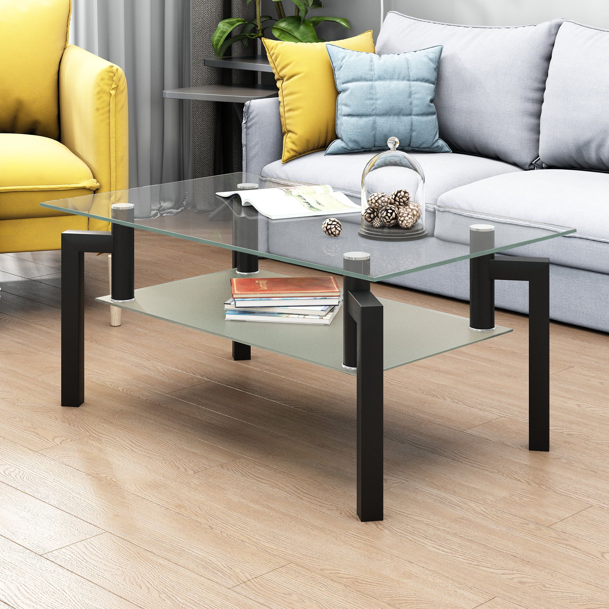 Well Known Glass Open Shelf Coffee Tables Throughout 2 Tier Glass Coffee Table, Rectangle Open Shelf Coffee Accent Table, Living  Room Table With Glass Shelf, Large Storage Space Cocktail Table, Center  Table With Wooden Legs For Home Office, B1258 – Walmart (View 10 of 20)