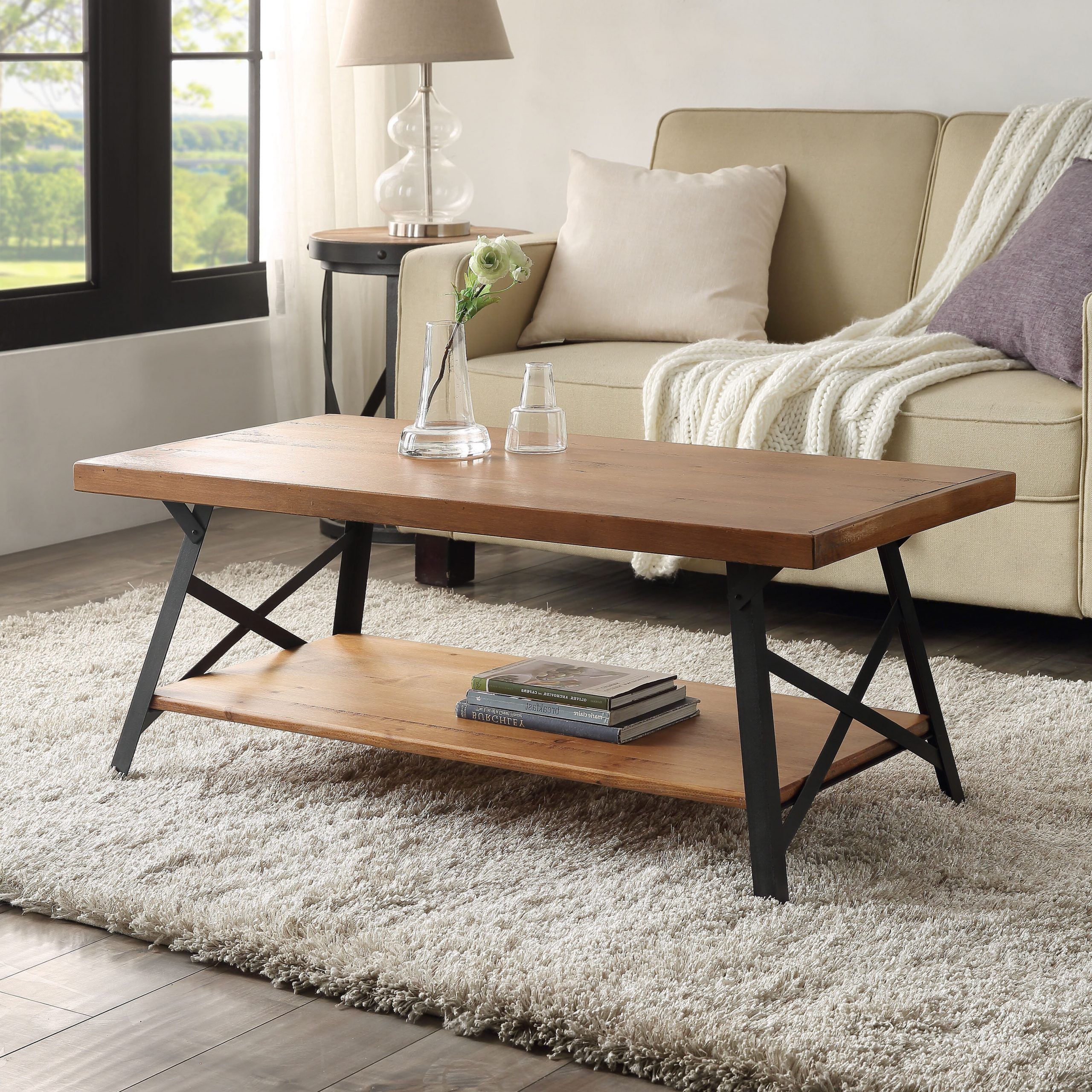Well Known Iron Legs Coffee Tables With Regard To Gracie Oaks 43'' Metal Legs Rustic Coffee Table, Solid Wood Tabletop (View 5 of 20)