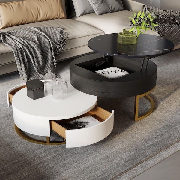 Well Known Lift Top Storage Coffee Tables In J&e Home 59. 06 In. White And Black Round Lift Top Wood Coffee Table With  Rotatable Drawers And Storage Je Ct1816bw – The Home Depot (Gallery 20 of 20)