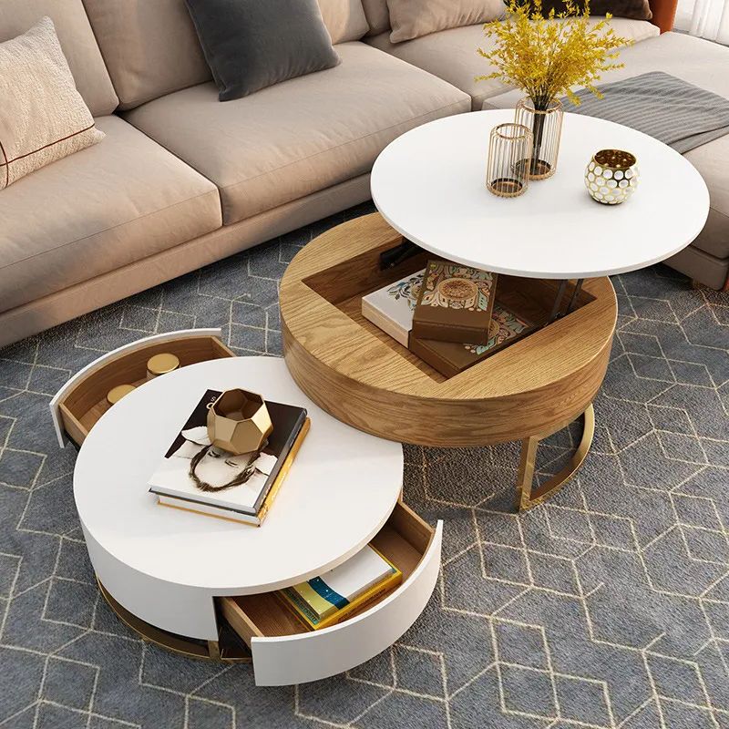 Well Known Modern Round Coffee Tables With Nesnesis Modern Round Lift Top Nesting Wood Coffee Tables With 2 Drawers  White & Natural Homary (View 9 of 20)