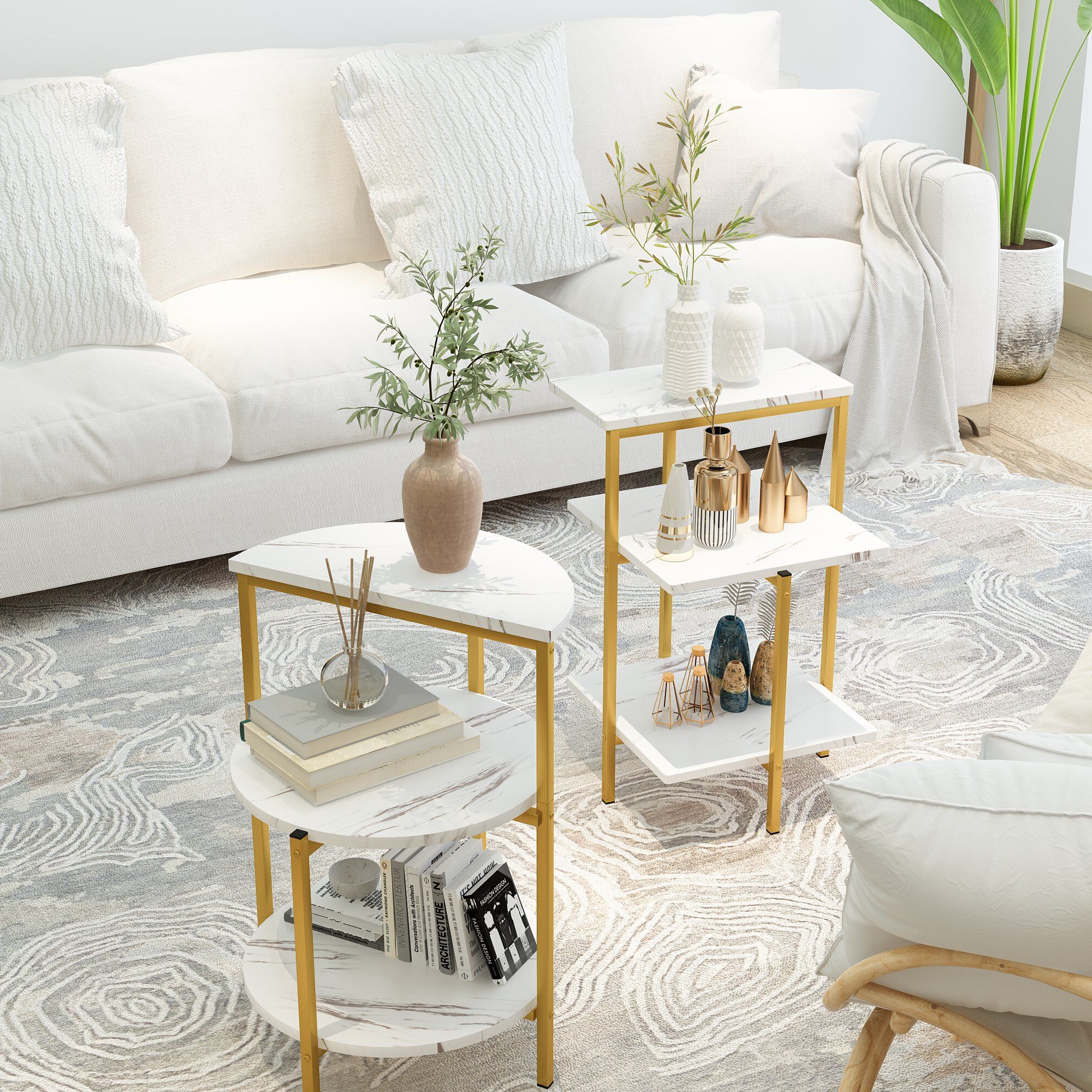 Well Known White Faux Marble Coffee Tables In Everly Quinn 3 Pieces Faux Marble Coffee Table Set, Include 1 Coffee Table  And 2 End Tables, Modern End Table With Storage Shelf, Metal Cocktail Table,  Sofa Side Coffee Table For Home, (Gallery 20 of 20)