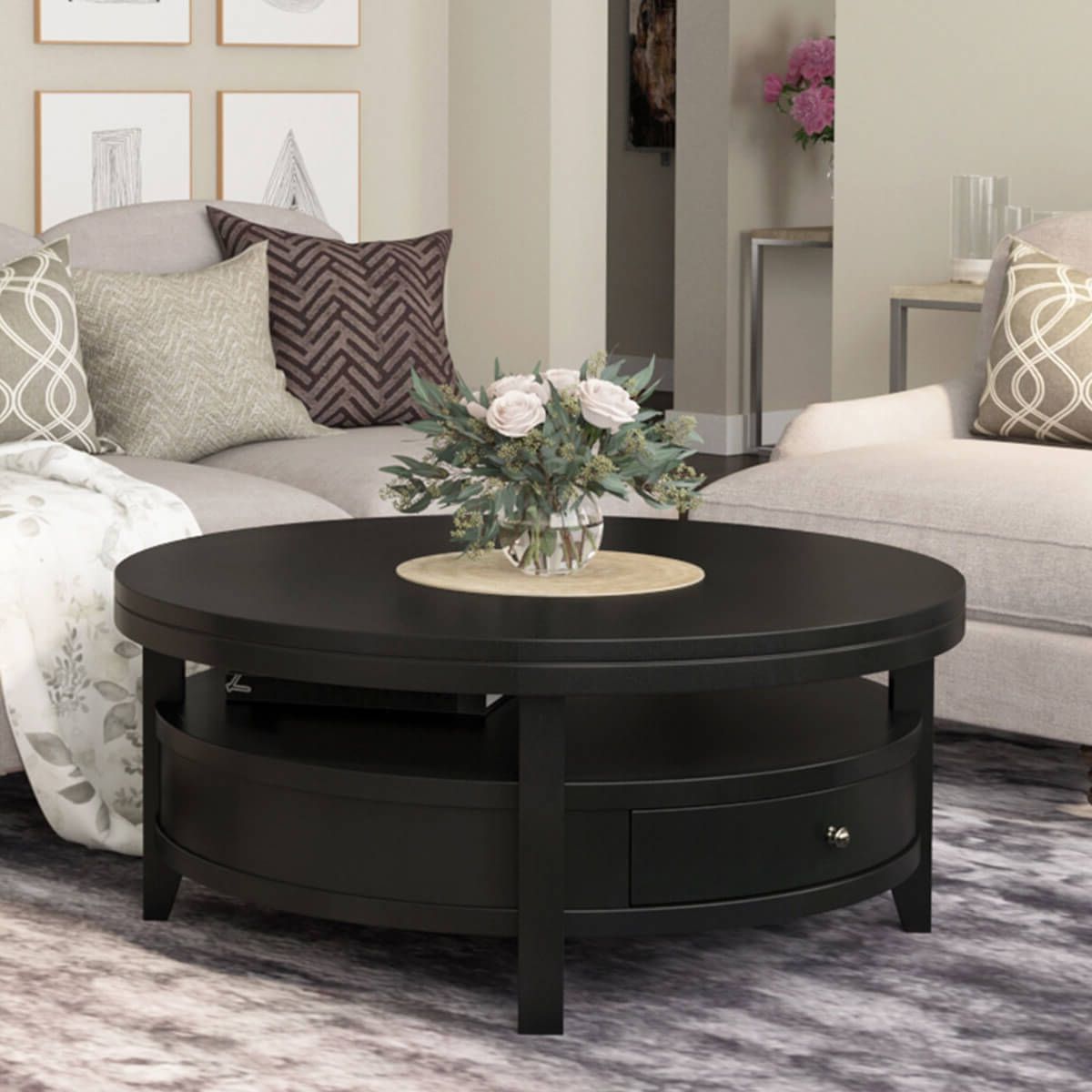 Well Liked Modern Round Coffee Tables In Toledo Solid Wood Black Modern Round Coffee Table (View 12 of 20)