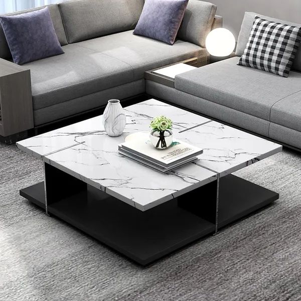 White Square Coffee Table Faux Marble Accent Table With Storage Stainless  Steel Within Well Known White Faux Marble Coffee Tables (View 3 of 20)