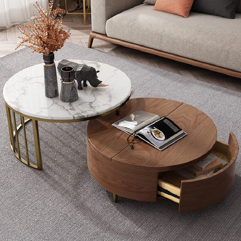 White&walnut Round Nesting Coffee Table With Storage Rotating Top In Rose  Gold Set Of 2 Homary With Famous Rose Gold Coffee Tables (View 5 of 20)