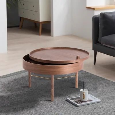 Widely Used Wood Rotating Tray Coffee Tables Regarding Modern Chic Round Wood Storage Coffee Table Black Rotating Accent Table (View 6 of 20)