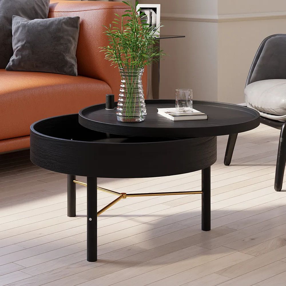 Widely Used Wood Rotating Tray Coffee Tables Throughout Modern Round Wood Rotating Tray Coffee Table With Storage & Metal Legs In  Black Homary (View 2 of 20)