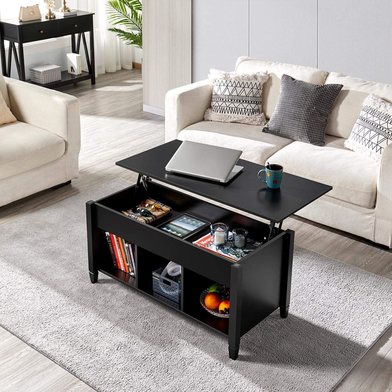 Zimtown Lift Up Top Coffee Table With Hidden Compartment End Rectangle Table  Storage Space Living Room Furniture (black) – Walmart Intended For Favorite Coffee Tables With Compartment (View 6 of 20)