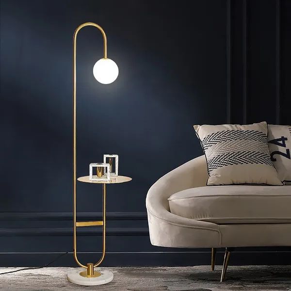 1500mm Modern Arc Floor Lamp With Shelf In Gold With Glass Shade & Marble  Base Homary With Regard To Marble Base Floor Lamps (View 7 of 20)