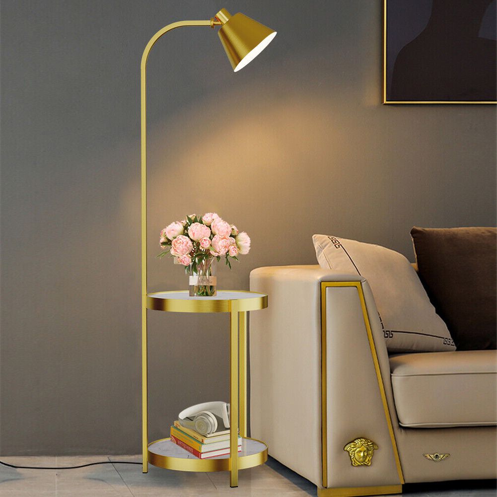 Adjustable Floor Lamp 2 Tier End Side Table Light Corner Coffee Table Gold  Frame | Ebay Inside Floor Lamps With 2 Tier Table (View 3 of 20)