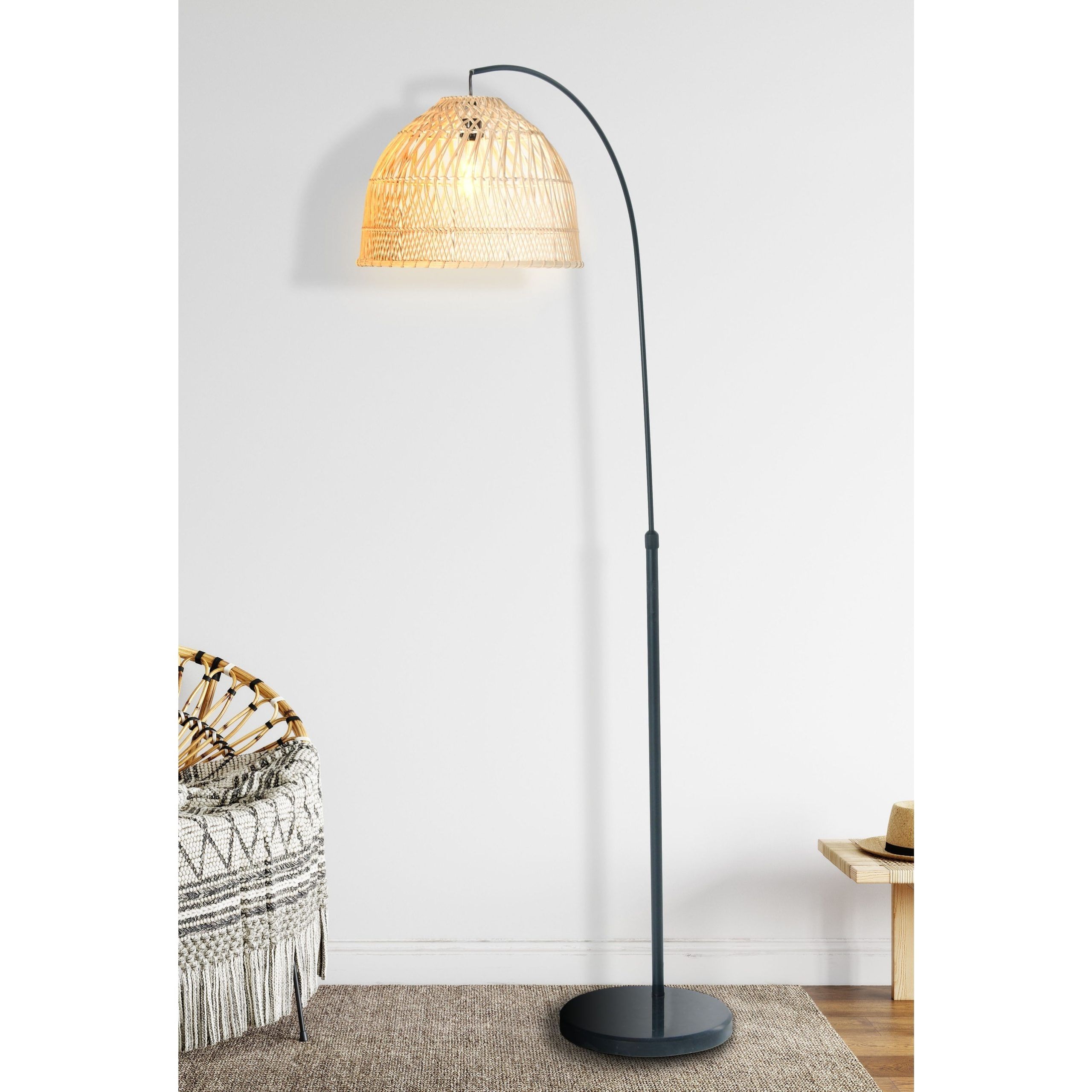 Arched Floor Lamp With Woven Rattan Shade – Overstock – 33638559 With Regard To Woven Cane Floor Lamps (View 8 of 20)