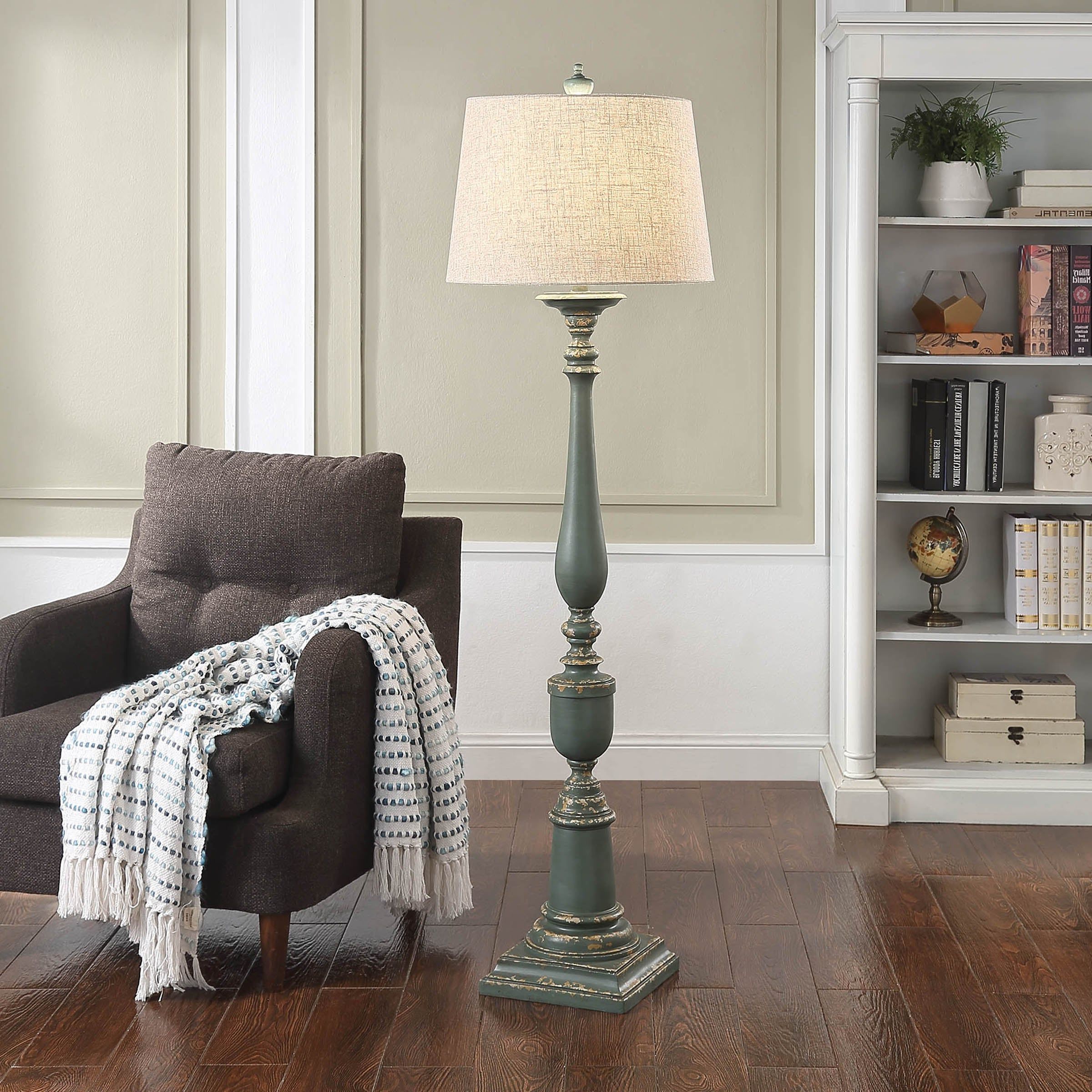 Bourgault – Antique French Farmhouse Floor Lamp – Deep Olive Sea Blue  Finish – Heather Oatmeal Empire Shade – Overstock – 20874697 Throughout Blue Floor Lamps (Gallery 19 of 20)