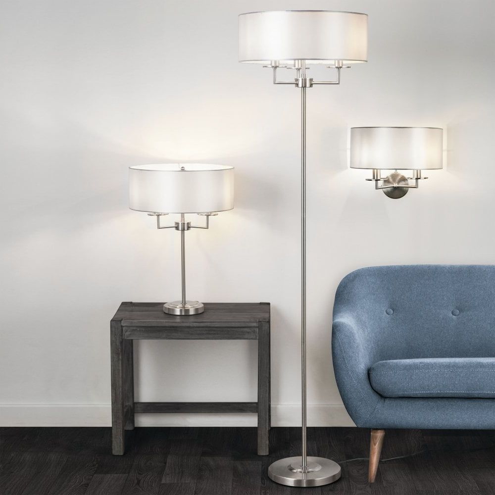 Bridge 3 Light Satin Silver Floor Lamp With Silver Faux Silk Shade Pertaining To Silver Floor Lamps (View 12 of 20)