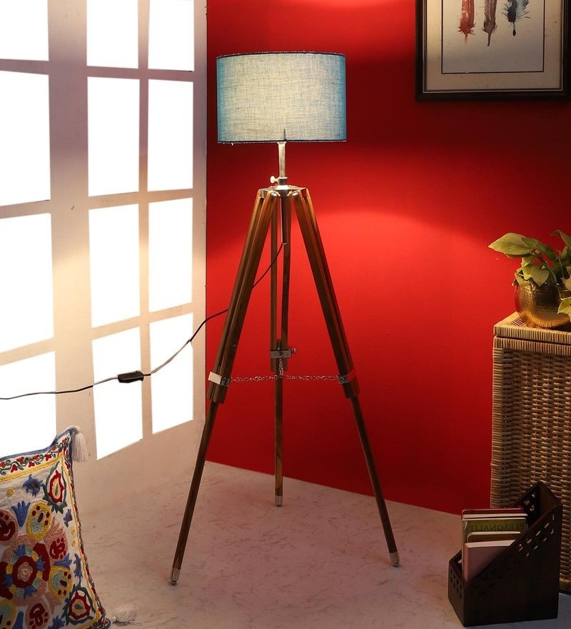 Buy Blue Cotton Shade Tripod Floor Lamp With Teak Basepristine  Interiors Online – Tripod Floor Lamps – Floor Lamps – Lamps And Lighting –  Pepperfry Product Intended For Tripod Floor Lamps (View 13 of 20)