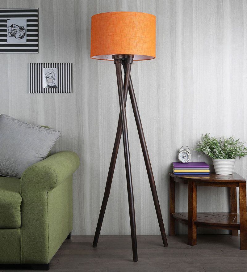 Buy Modern Cross Leg Solid Wood Orange Fabric Shade Tripod Floor Lamp With  Walnut Basesanded Edge Online – Tripod Floor Lamps – Lamps – Lamps And  Lighting – Pepperfry Product Throughout Orange Floor Lamps (Gallery 20 of 20)