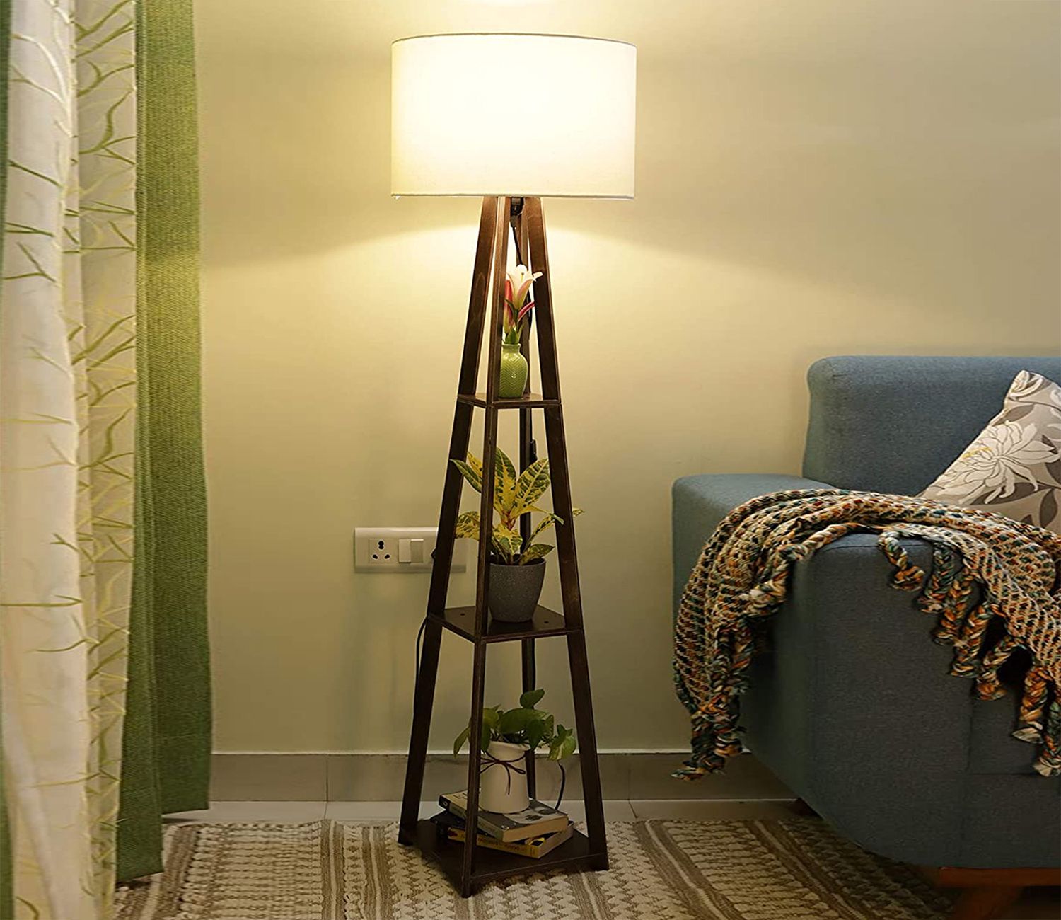 Buy Walnut Wooden Floor Lamp With Shelf White Shade Online In India At Best  Price – Modern Floor Lamps – Lamp And Lightings – Furniture – Wooden Street  Product With Regard To Oak Floor Lamps (View 14 of 20)