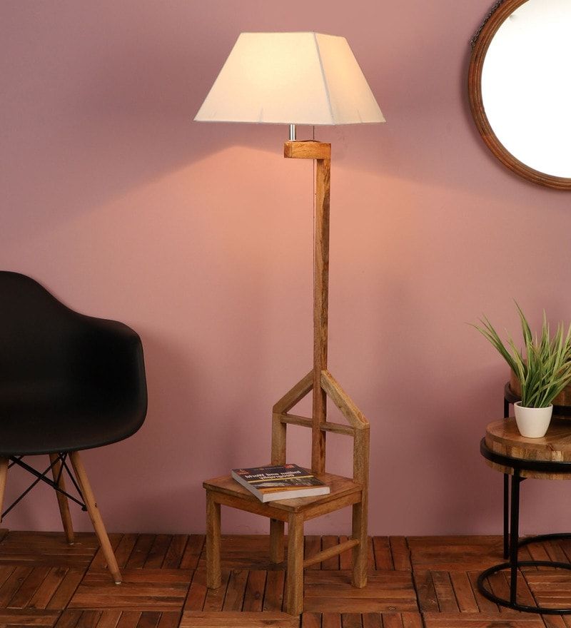 Buy White Shade Floor Lamp With Mango Wood Basethe Lighting Hub Online  – Shelf Floor Lamps – Lamps – Lamps And Lighting – Pepperfry Product Within Mango Wood Floor Lamps (Gallery 19 of 20)
