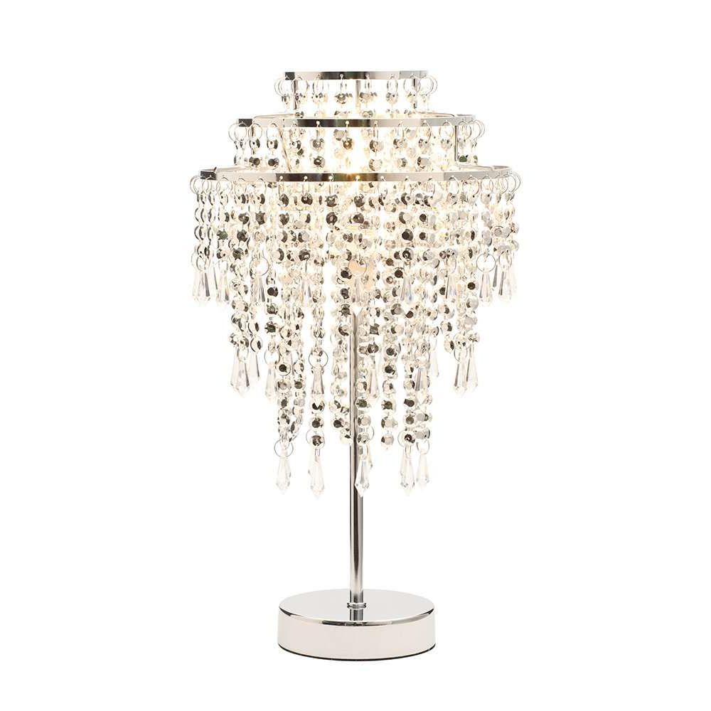 Chrome Beaded Silver Chandelier Table Lamp 3 Tier Hanging Droplets – Lights  And Linen Throughout Crystal Bead Chandelier Floor Lamps (View 12 of 20)