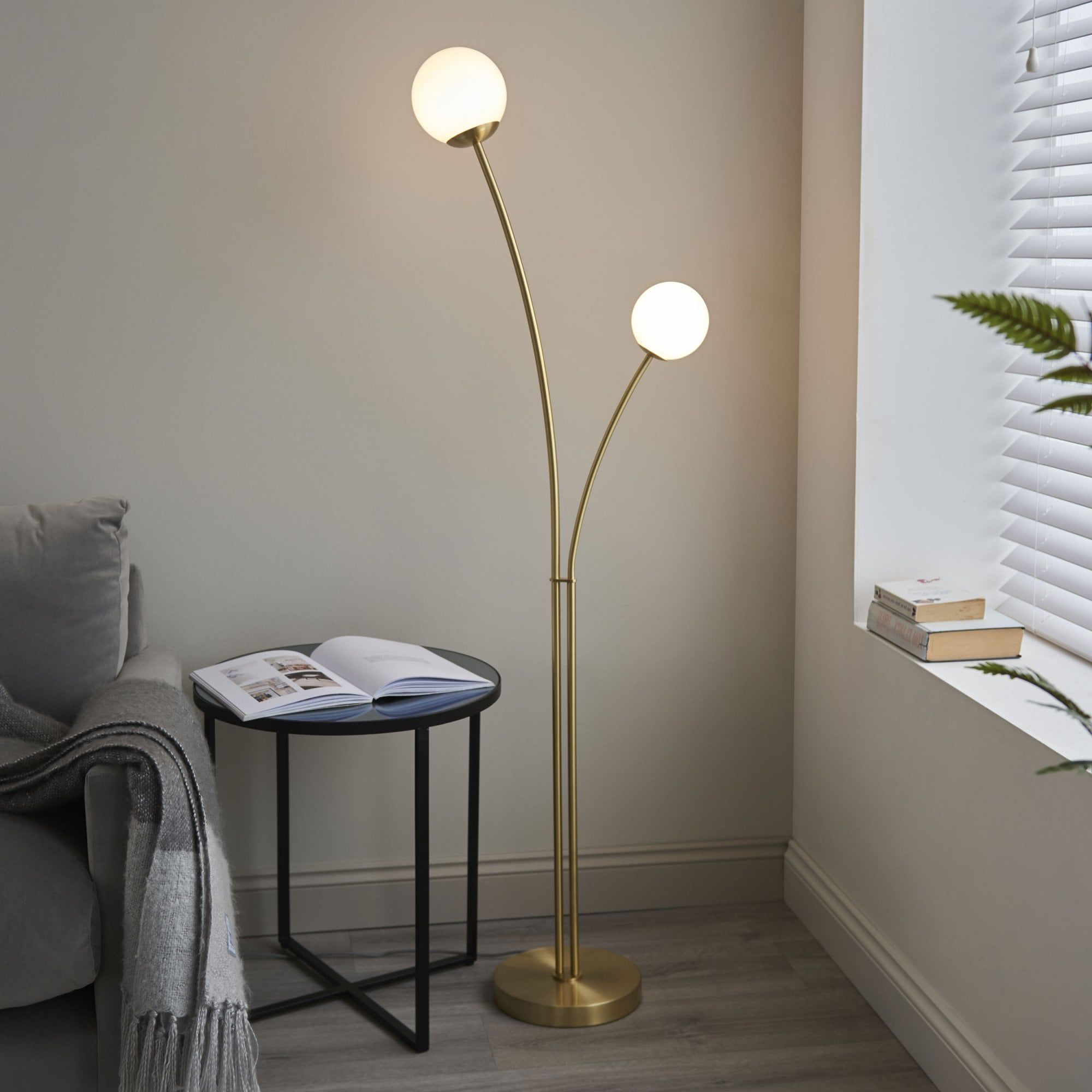 Endon Lighting Bloom Two Light Floor Lamp In Satin Brass & Opal Glass –  Fitting & Style From Dusk Lighting Uk Throughout Satin Brass Floor Lamps (View 7 of 20)