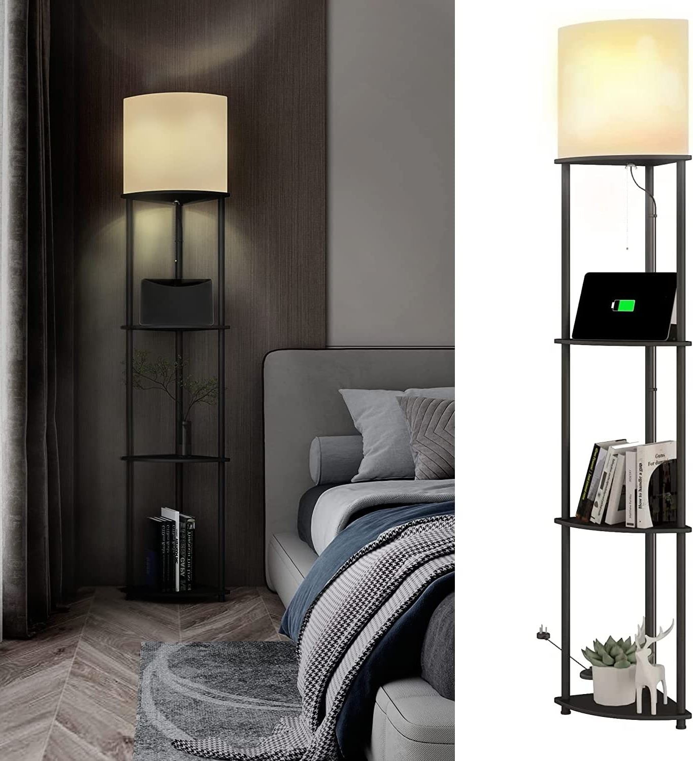 Floor Lamp With Shelves Pull Chain Corner Shelf Floor Lamps With 2 Usb Fast  | Ebay Throughout Floor Lamps With Dual Pull Chains (View 10 of 20)