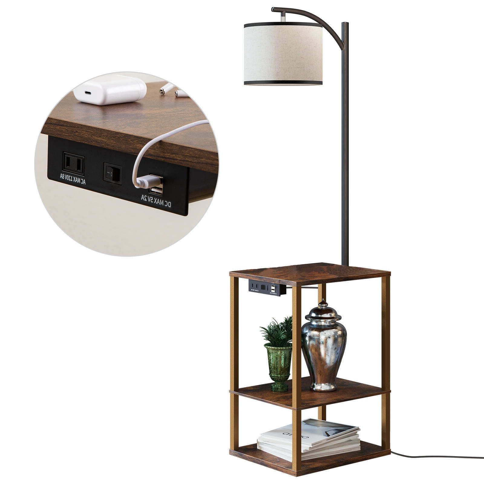 Floor Lamp With Table, Lamps For Living Room With Usb Port, End Table Brown  | Ebay In Floor Lamps With Usb (View 14 of 20)