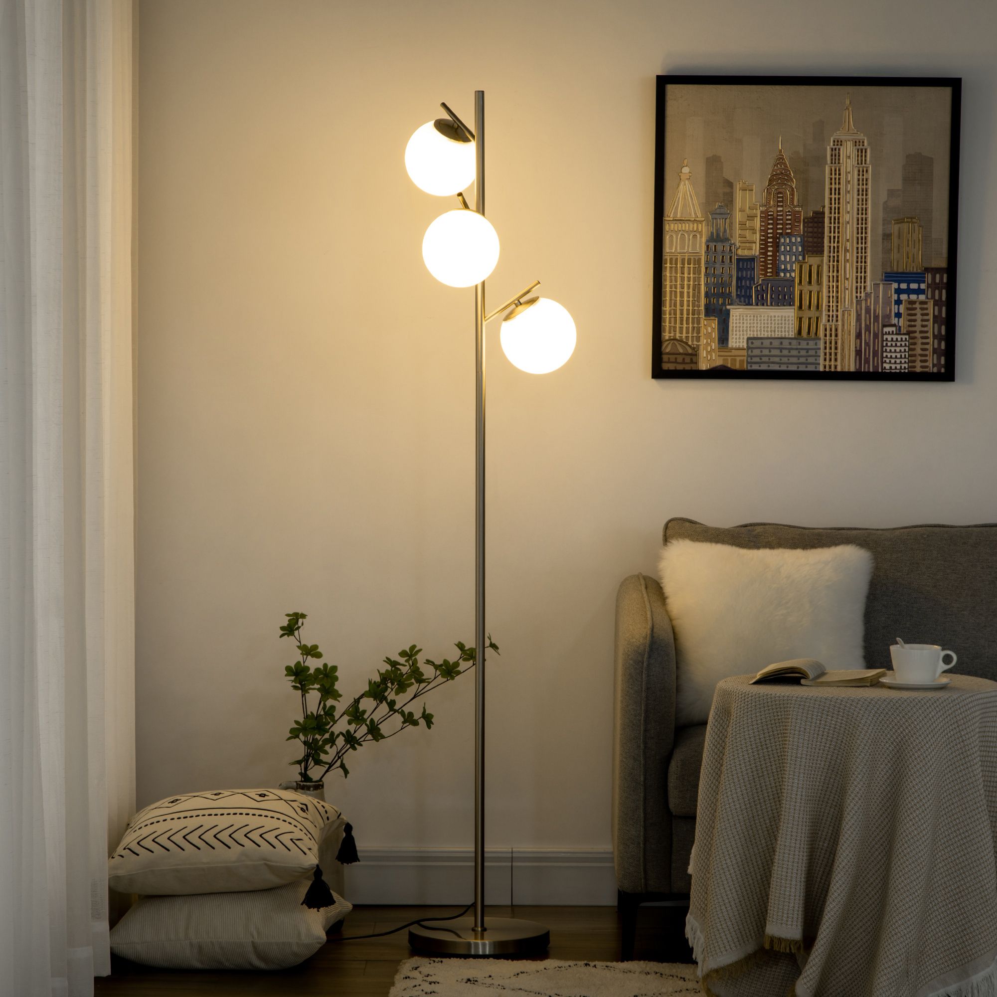 Homcom 3 Light Tree Floor Lamps For Living Room, Modern Standing Lamp,  Silver | Aosom Uk Intended For 3 Light Tree Floor Lamps (View 18 of 20)