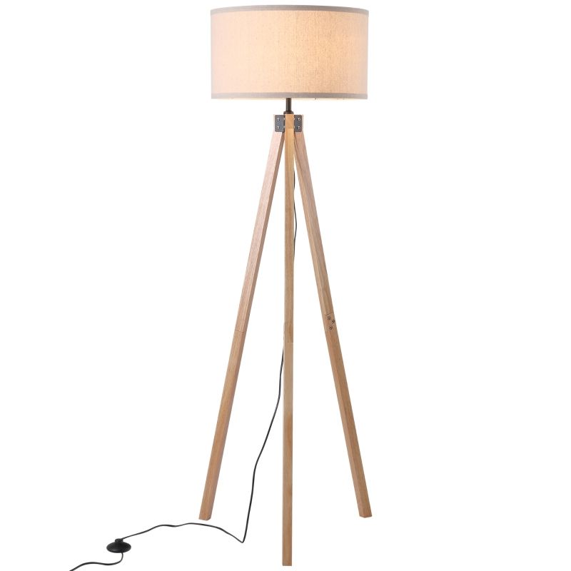 Homcom 5ft Elegant Wood Tripod Floor Lamp Free Standing E27 Bulb Lamp  Versatile Use For Home Office – Beige | Aosom Uk With Rubberwood Floor Lamps (View 9 of 20)