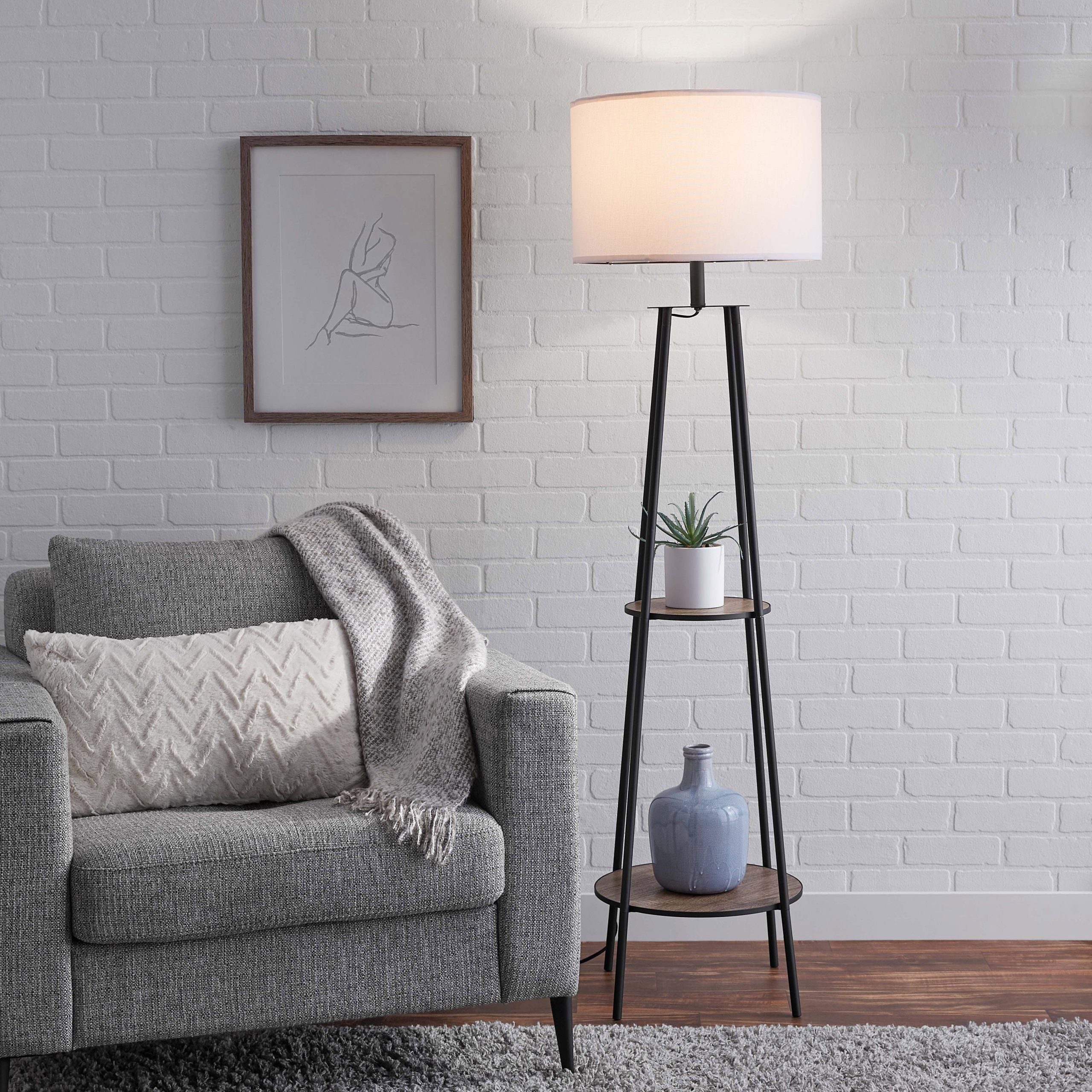 Mainstays Etagere Matte Black Floor Lamp, With 2 Wood Shelves, Black Color  – Walmart Throughout Matte Black Floor Lamps (View 6 of 20)